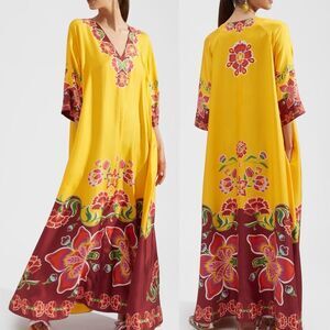 LA DOUBLEJ Size M Muumuu Floral Print Silk Maxi Dress Folk Flowers Giallo Placée